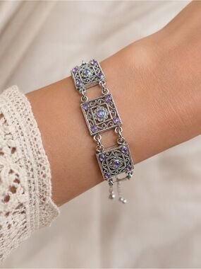 Vintage-Inspired Silver Bracelet with Purple Stones